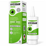 Hycosan Fresh preservative-free eye drops shown with its retail box and a single dropper bottle on a clean white background.