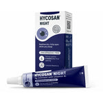 Hycosan Night ointment tube and packaging box on a clean white background. The tube is dark blue with white text and a white cap, while the box is white with dark blue panels and graphics.
