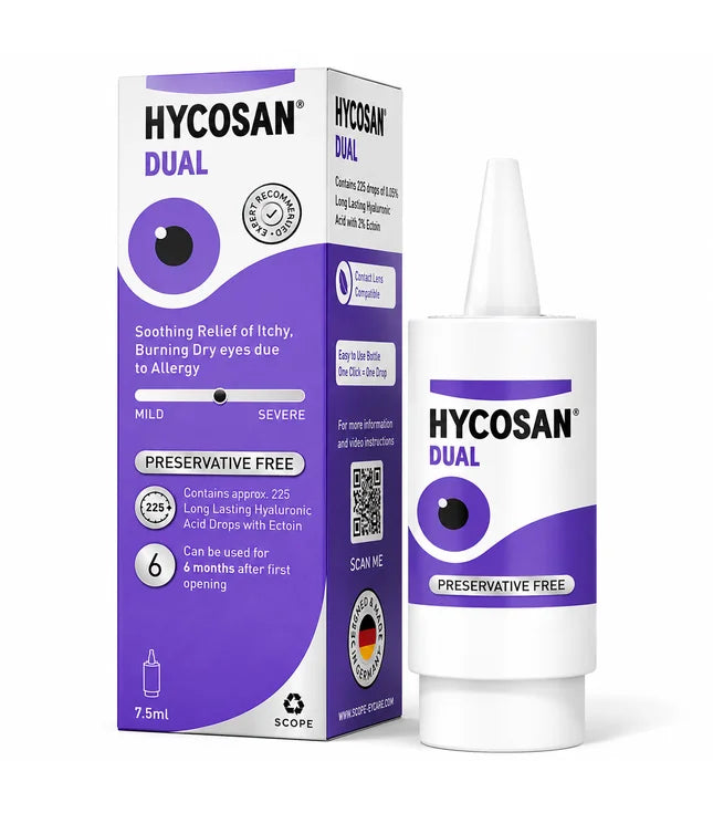 A bottle and box of Hycosan Dual Preservative Free tear drops shown on a clean white background. The packaging features white and purple colors with a graphic of a purple eye.