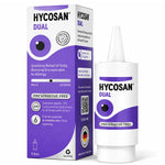 A bottle and box of Hycosan Dual Preservative Free tear drops shown on a clean white background. The packaging features white and purple colors with a graphic of a purple eye.
