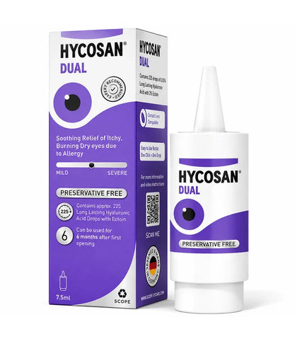 A bottle and box of Hycosan Dual Preservative Free tear drops shown on a clean white background. The packaging features white and purple colors with a graphic of a purple eye.