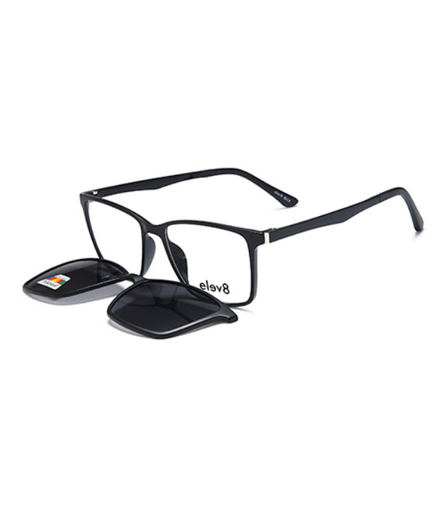 Elev8 - CLIP910 Clip-On sunglasses for men, featuring polarized lenses with a lens width of 54mm and contemporary black frame design.