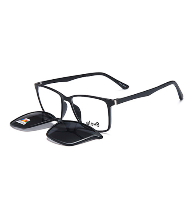 Elev8 - CLIP910 Clip-On sunglasses for men, featuring polarized lenses with a lens width of 54mm and contemporary black frame design.