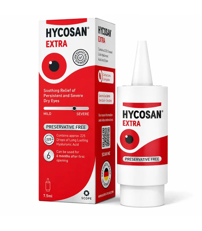 Hycosan Extra preservative-free tear drops shown with its retail box and squeeze bottle on a clean white background.