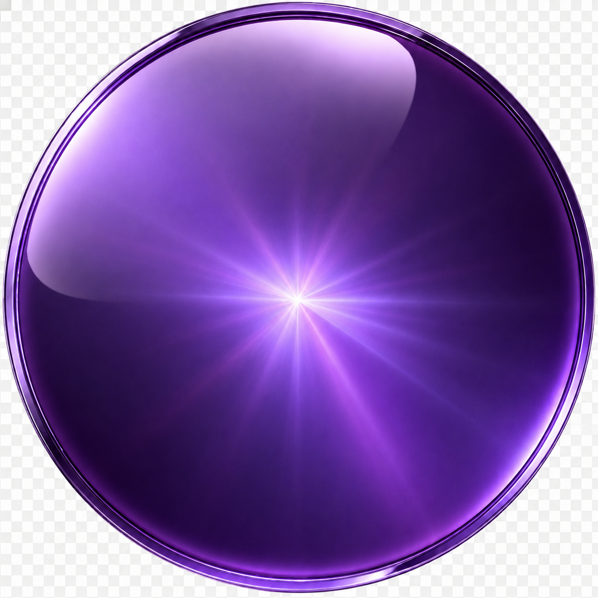 A glossy purple circular button or badge with a bright starburst light effect in the center, shown on a transparent checkerboard background.