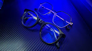 Eyeglasses on a blue textured surface