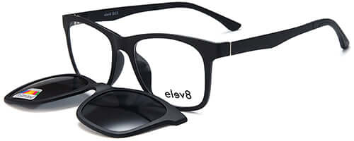 Elev8 - CLIP911 Clip-On men's eyewear, black frame with detachable lens. Lens width: 52mm, bridge size: 18mm, temple length: 140mm.