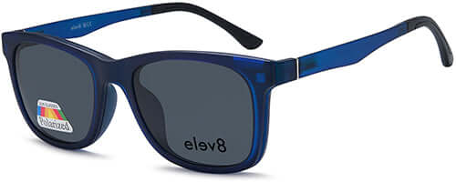 Elev8 CLIP911 Clip-On sunglasses for men with 52mm lens width and 18mm bridge, navy blue frame with logo on dark lenses.