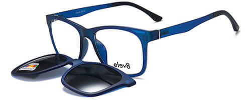 Elev8 - CLIP911 Clip-On men's glasses, blue frame with detachable lenses, lens width 52mm, bridge size 18mm, temple length 140mm.