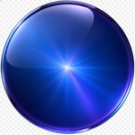 A glossy, circular blue button or badge with a metallic rim and a bright starburst light effect in the center, isolated on a checkered transparency background.