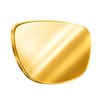 A gold shield-shaped eyeglass lens with a polished, reflective metallic finish, isolated on a white background.