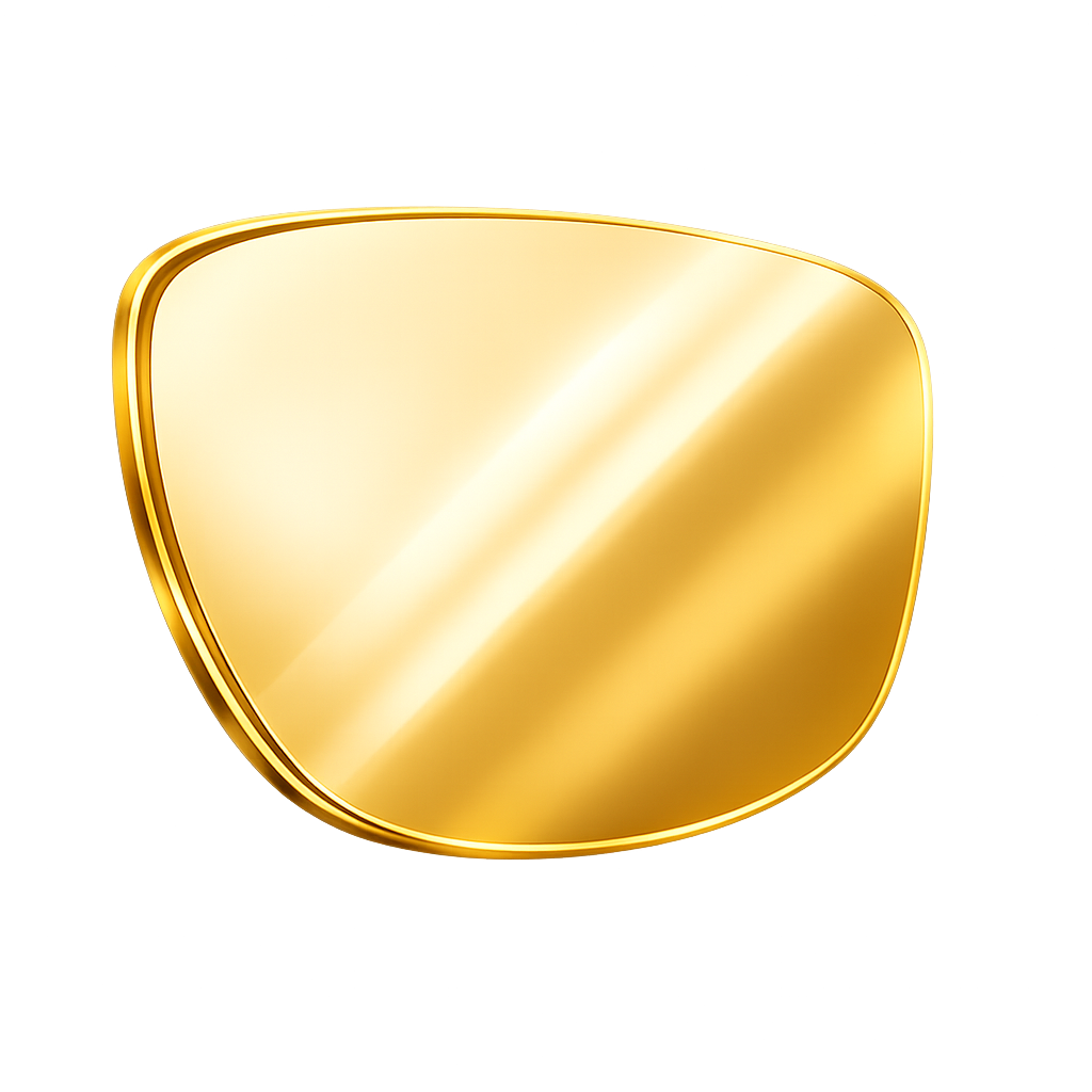 A gold shield-shaped eyeglass lens with a polished, reflective metallic finish, isolated on a white background.
