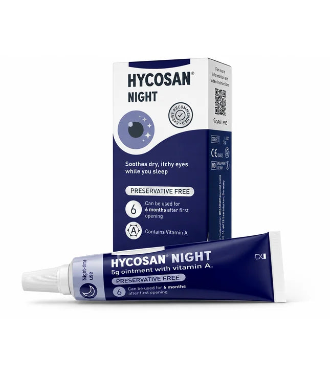 Hycosan Night ointment tube and packaging box on a clean white background. The tube is dark blue with white text and a white cap, while the box is white with dark blue panels and graphics.