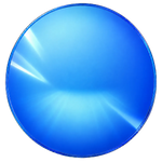 A glossy, circular blue reflective surface with light rays and highlights, shown on a transparent checkerboard background.