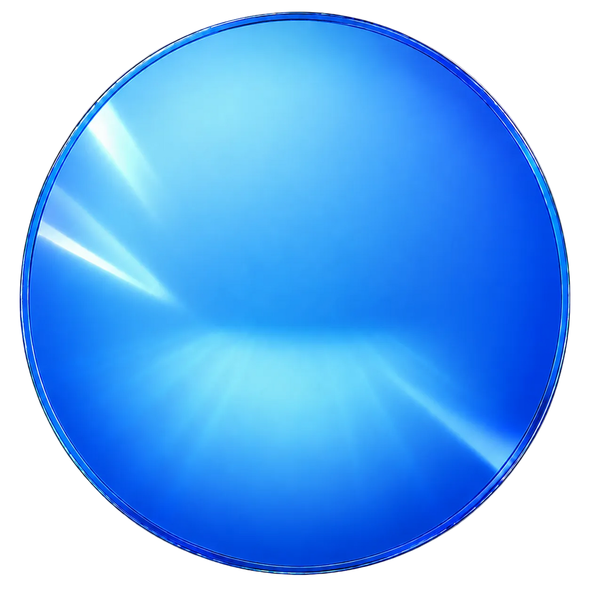 A glossy, circular blue reflective surface with light rays and highlights, shown on a transparent checkerboard background.
