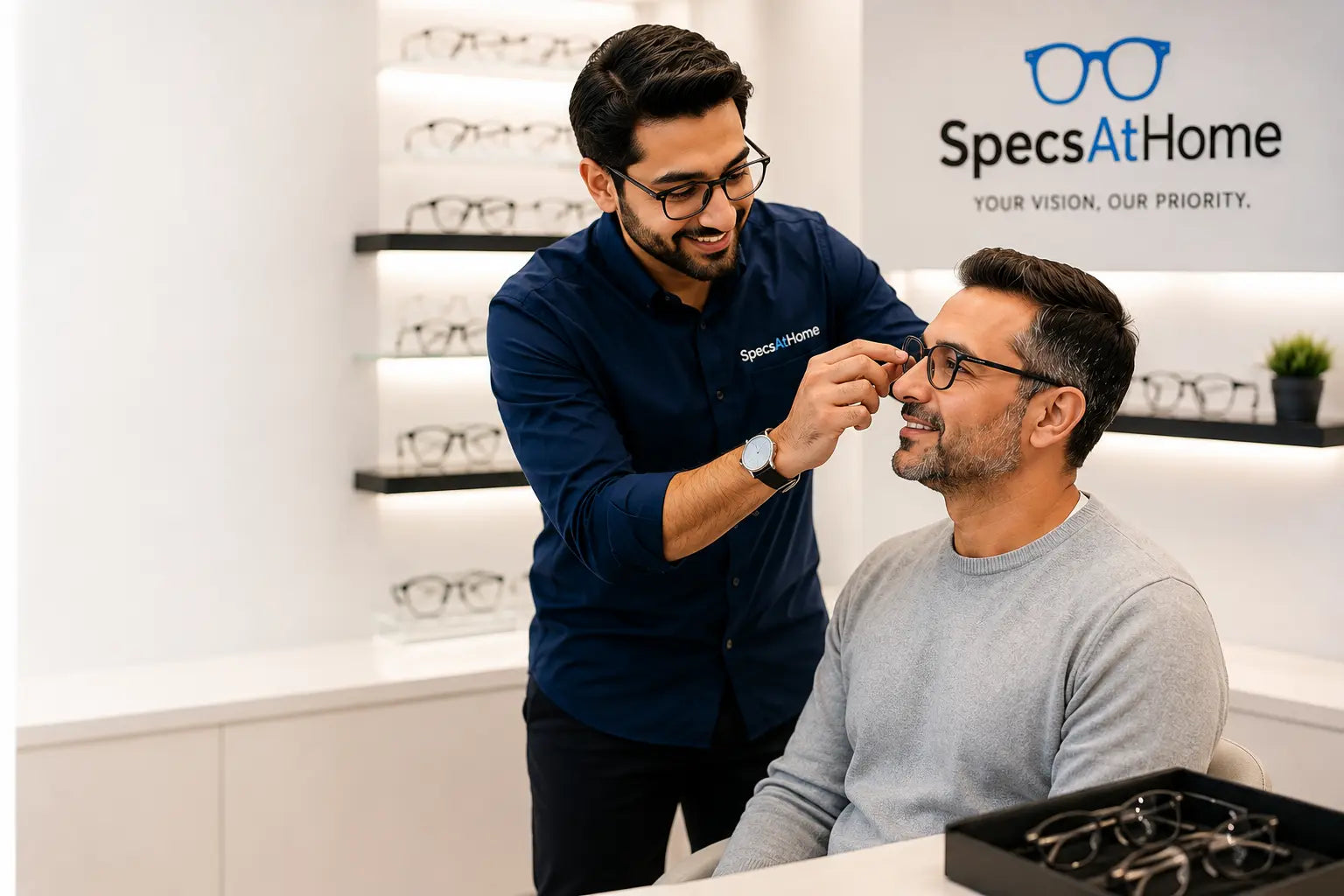 Optician helping a customer with glasses at SpecsAtHome