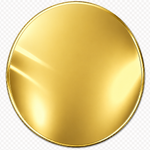 A round gold metallic plate with a glossy finish and a thin gold rim, shown on a transparent checkerboard background.