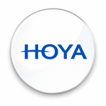 A circular white button or badge with a thin metallic gray border and the blue HOYA logo centered on it, shown on a light gray background.