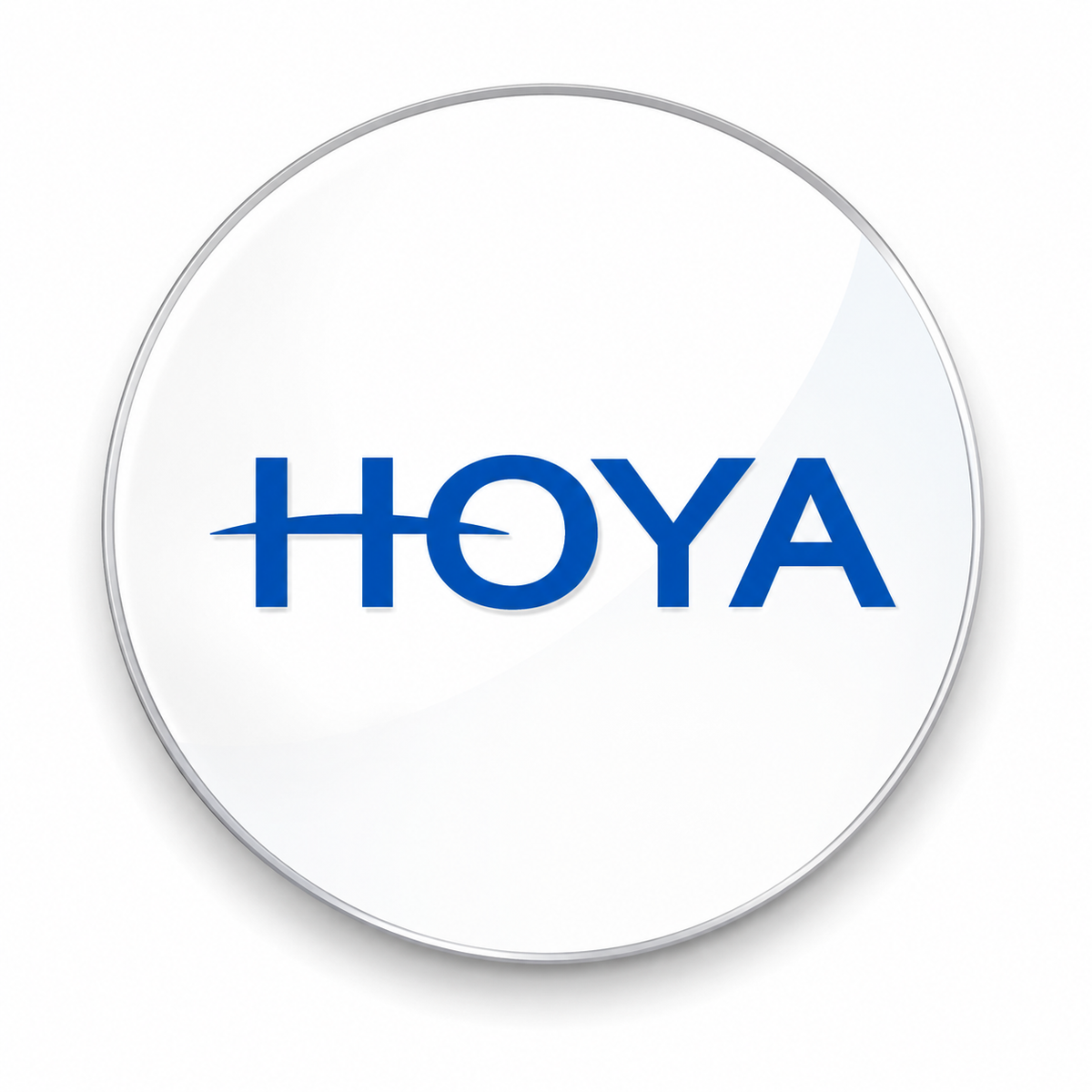 A circular white button or badge with a thin metallic gray border and the blue HOYA logo centered on it, shown on a light gray background.