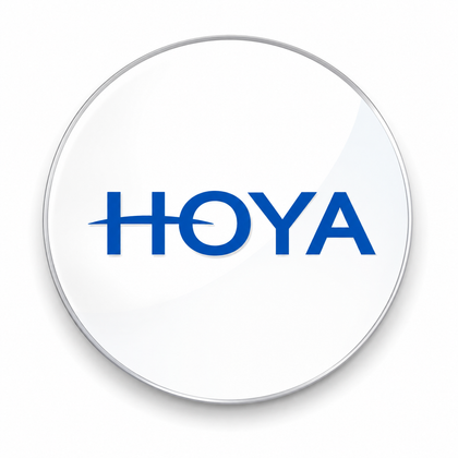 A circular white button or badge with a thin metallic gray border and the blue HOYA logo centered on it, shown on a light gray background.