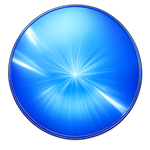 A circular blue gradient button or badge with a white starburst pattern in the center and a dark blue border, set against a plain white background.