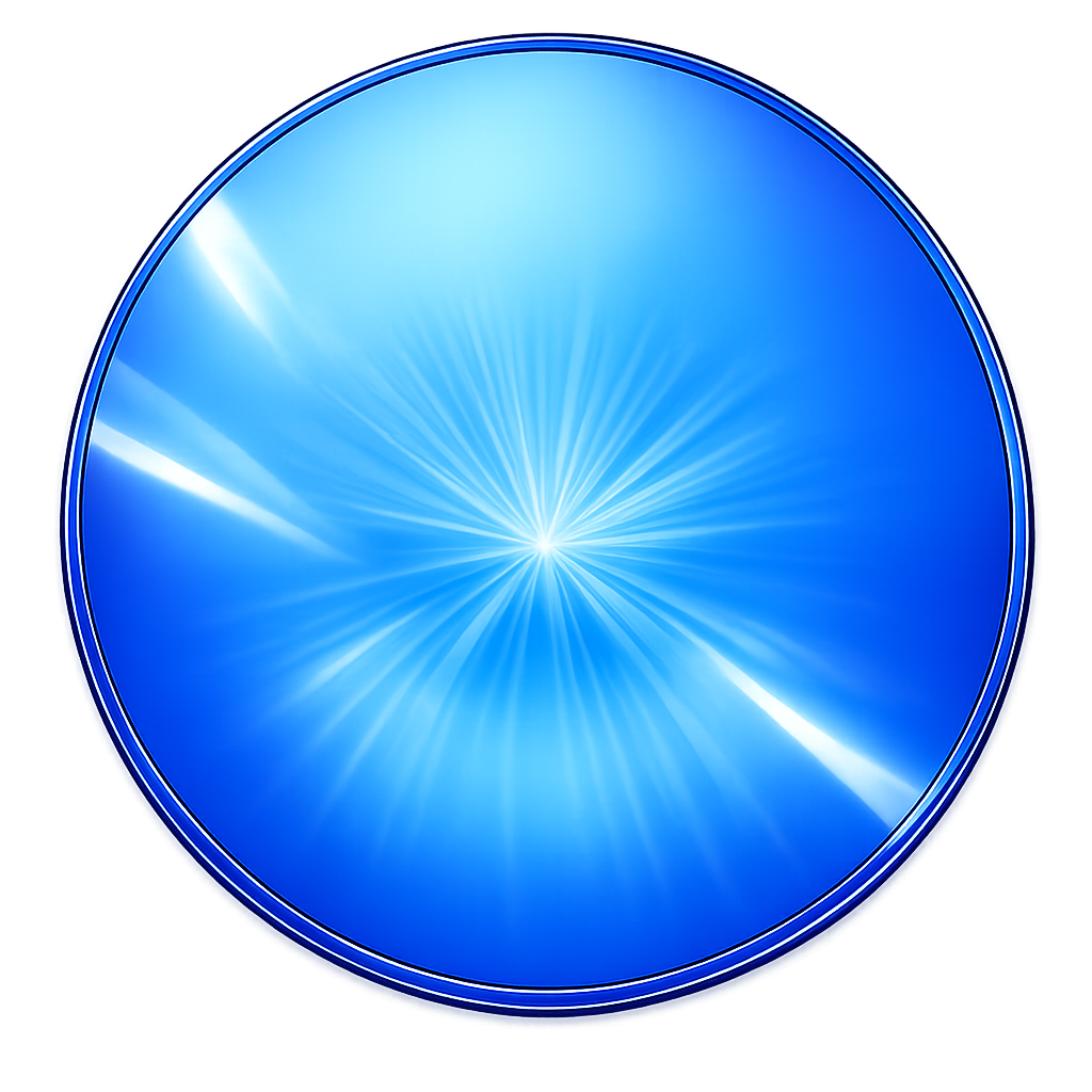 A circular blue gradient button or badge with a white starburst pattern in the center and a dark blue border, set against a plain white background.