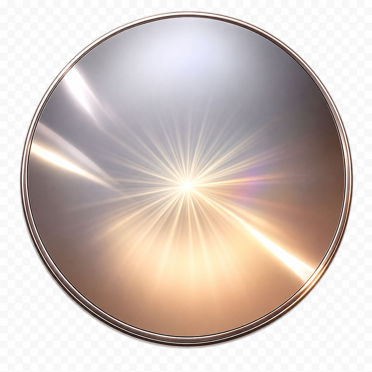 A circular metallic surface with a warm bronze-gold rim and a bright starburst lens flare effect in the center, shown on a transparent checkerboard background.