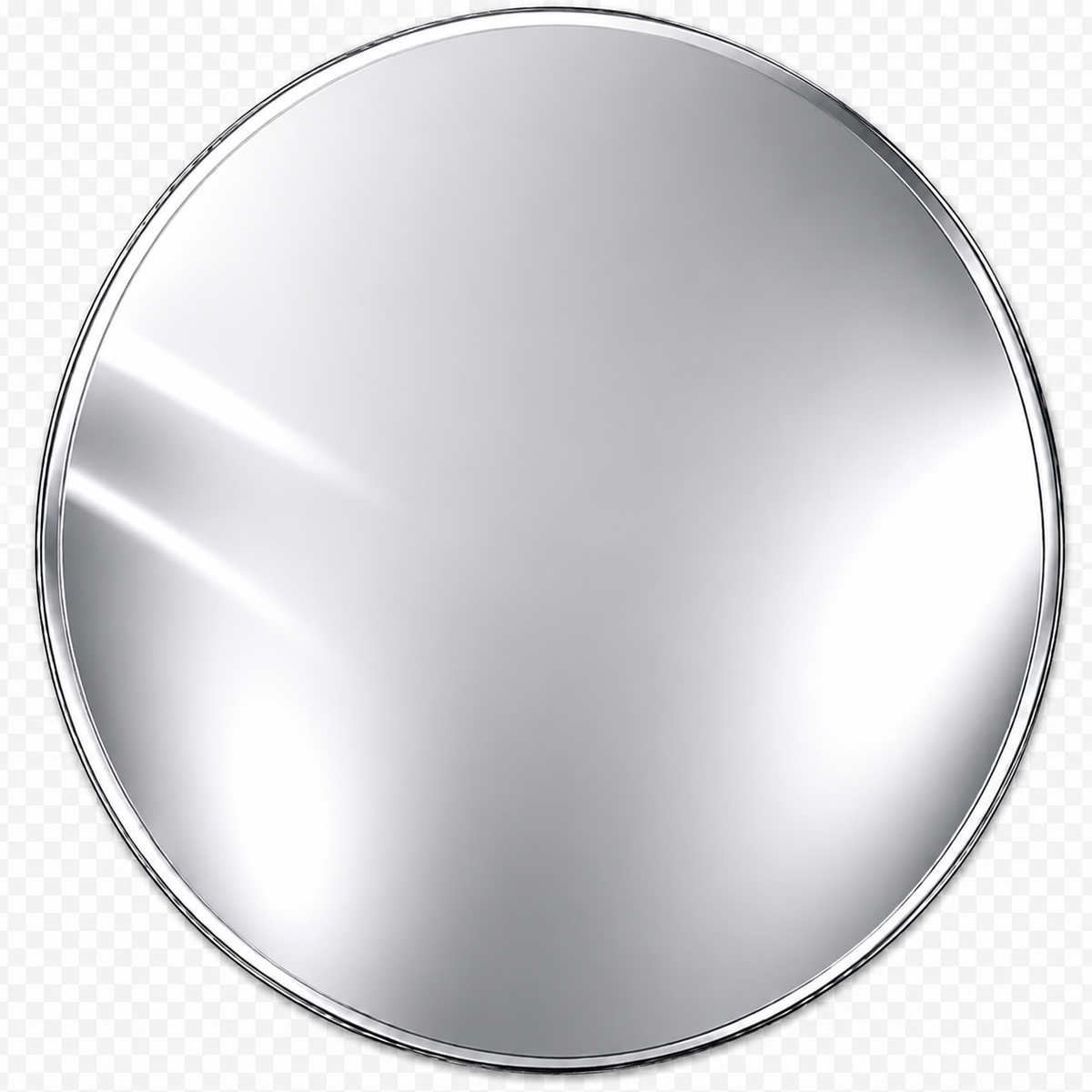 A round, silver-toned mirror with a thin metallic rim, shown against a transparent checkerboard background.