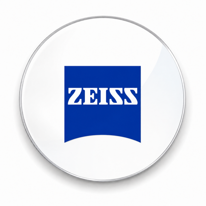 A circular white button or badge with a silver-toned border, featuring the blue and white ZEISS logo in the center.